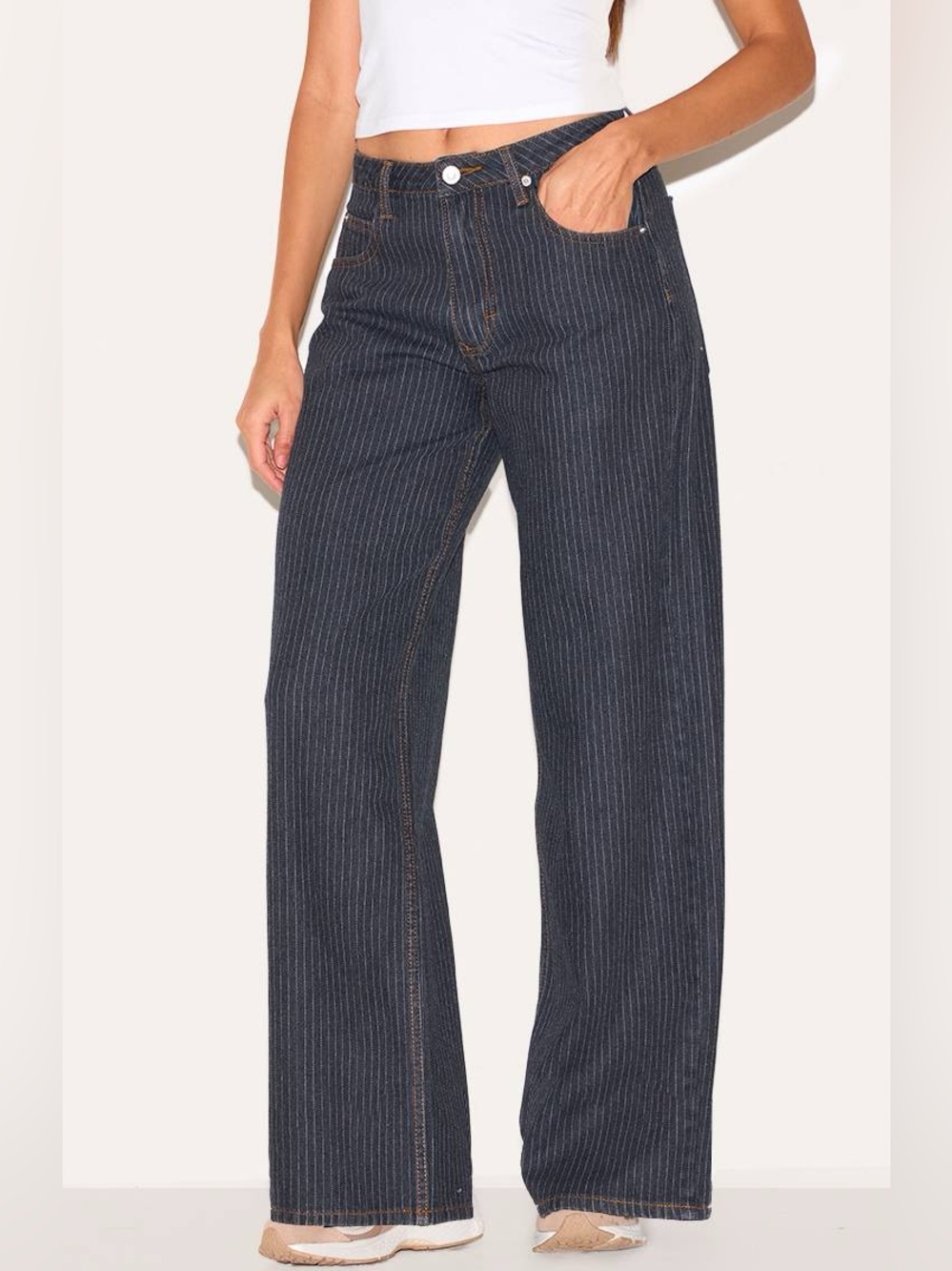 Y2K Street Style Windsor Dark Blue Pinstripe Relaxed Wide Leg Denim Pants